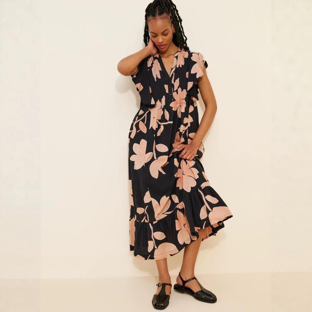 European and American Style Flower Printing V-neck Flying Sleeve Dress Women's Pleated Waist Loose and Thin Holiday Style Big Swing Dress
