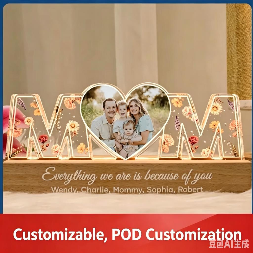 Cross-border Hot Mother's Day Creative Gift Customized Printed Acrylic Night Light with Text and Birthday Flower Ornaments
