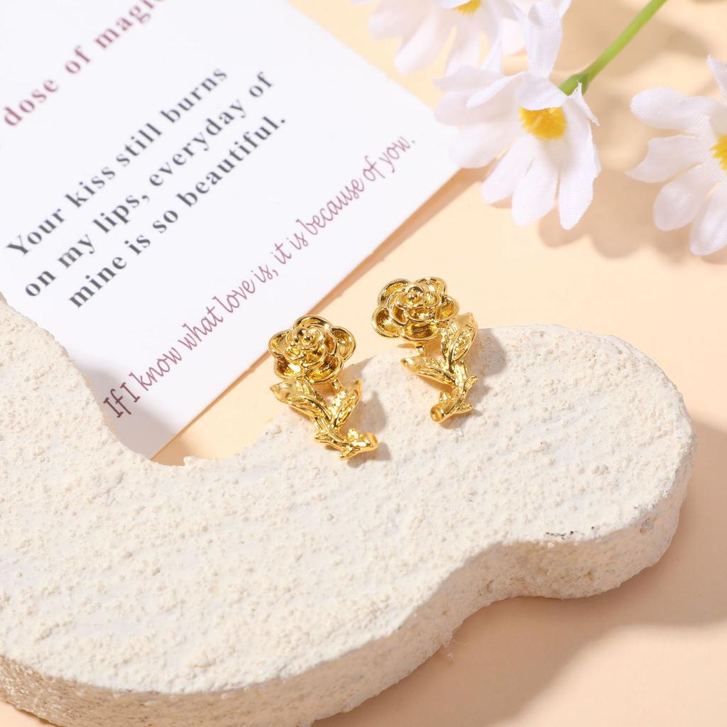 New Chinese-style golden rose stud earrings light luxury niche branches and leaves design sense simple and versatile high-end stud earrings