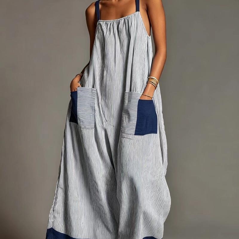 Women's Striped Spaghetti Strap Maxi Dress Summer Vacation Sleeveless Tie Waist Long Dress