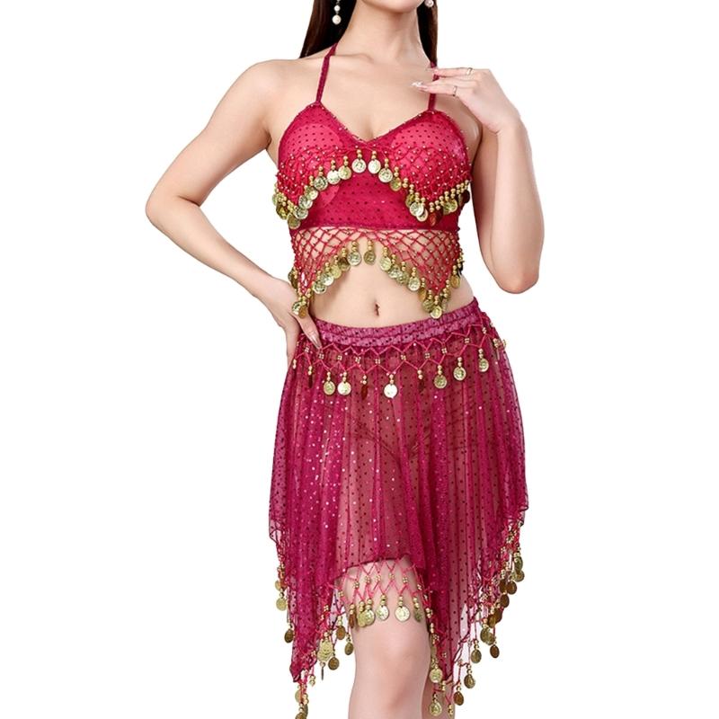2Pcs Belly Dance Costumes Set for Women Girls Belly Dance Bra Tops and Coins Short Skirt Belly Dancer Outfits Gifts