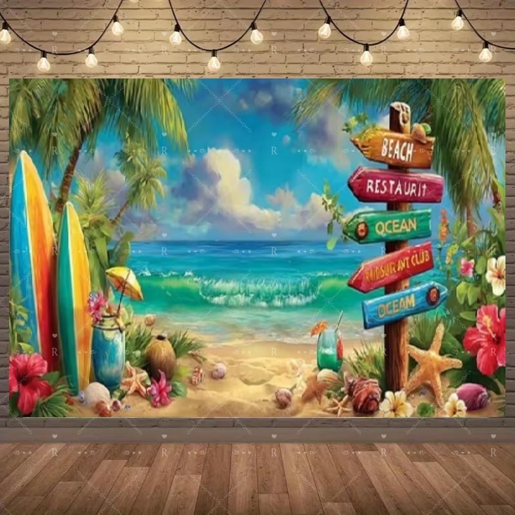 Summer Beach Holiday Party Decoration Backdrop Sunshine Flamingo Ocean Surfboard Portrait Photography Background Props Banner
