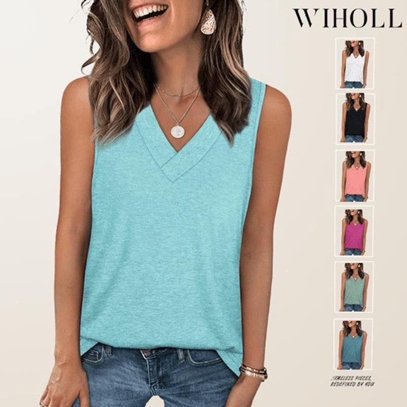 Summer European Style Women V-Neck Casual Loose Fit Solid Color Tank Sleeveless