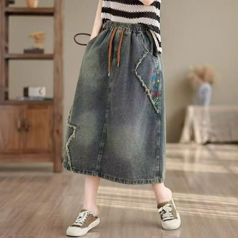 Embroidered Denim Skirt Spring and Summer Loose Retro Large Size Elastic Lace-up All-match Long Skirt