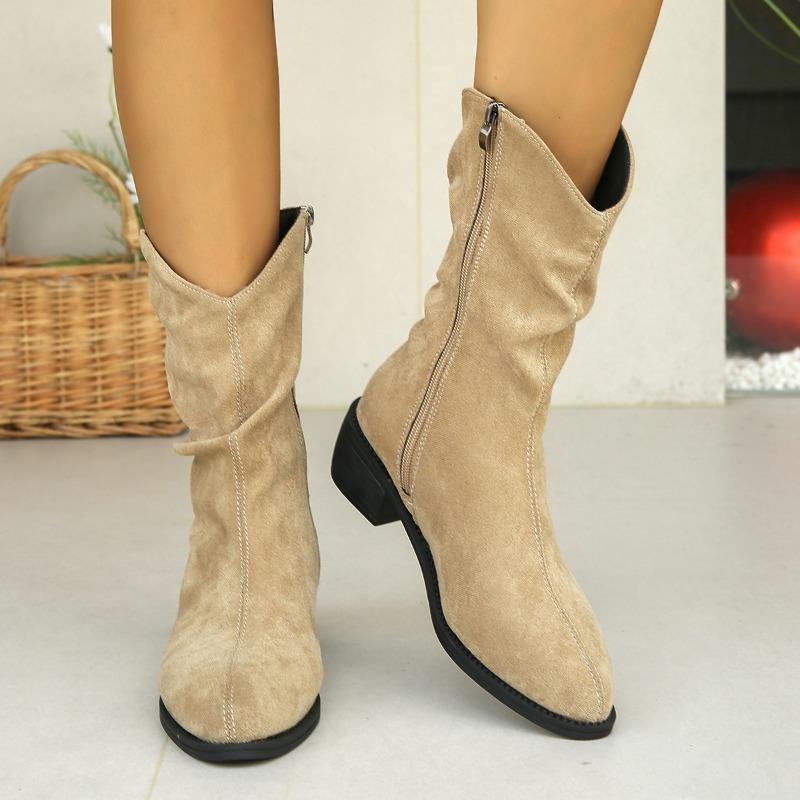 Women's Shoes New Fashion High Quality Zipper Women's Boots Winter Pointed Toe Solid Mid Calf Thick Heel Simple Roman Boots