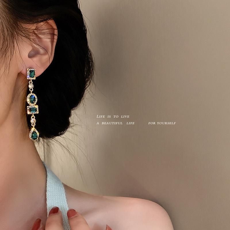 Silver Needle Diamond Earrings European and American Style Long Geometric Splicing Green Crystal Stud Earrings Fashion Trend Personalized Earrings