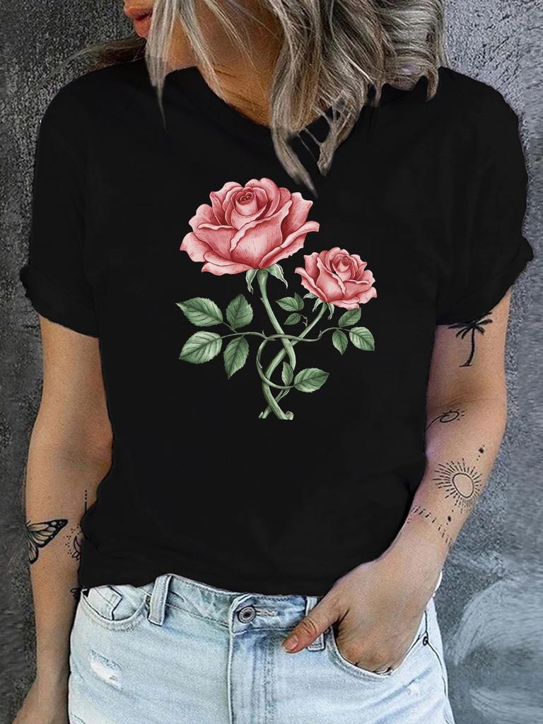 Topp för vår och sommar Damkläder Rosetryck Rundhalsad T-shirt Casual