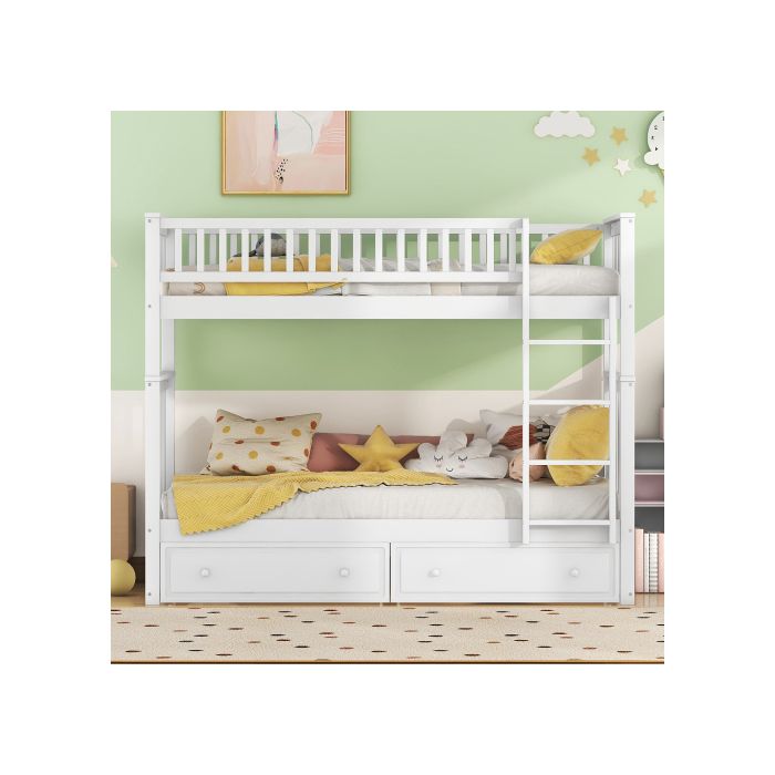 Lits superposés - MUVOE - 90x200cm - Blanc - Avec tiroirs - Sécurisé pour enfants