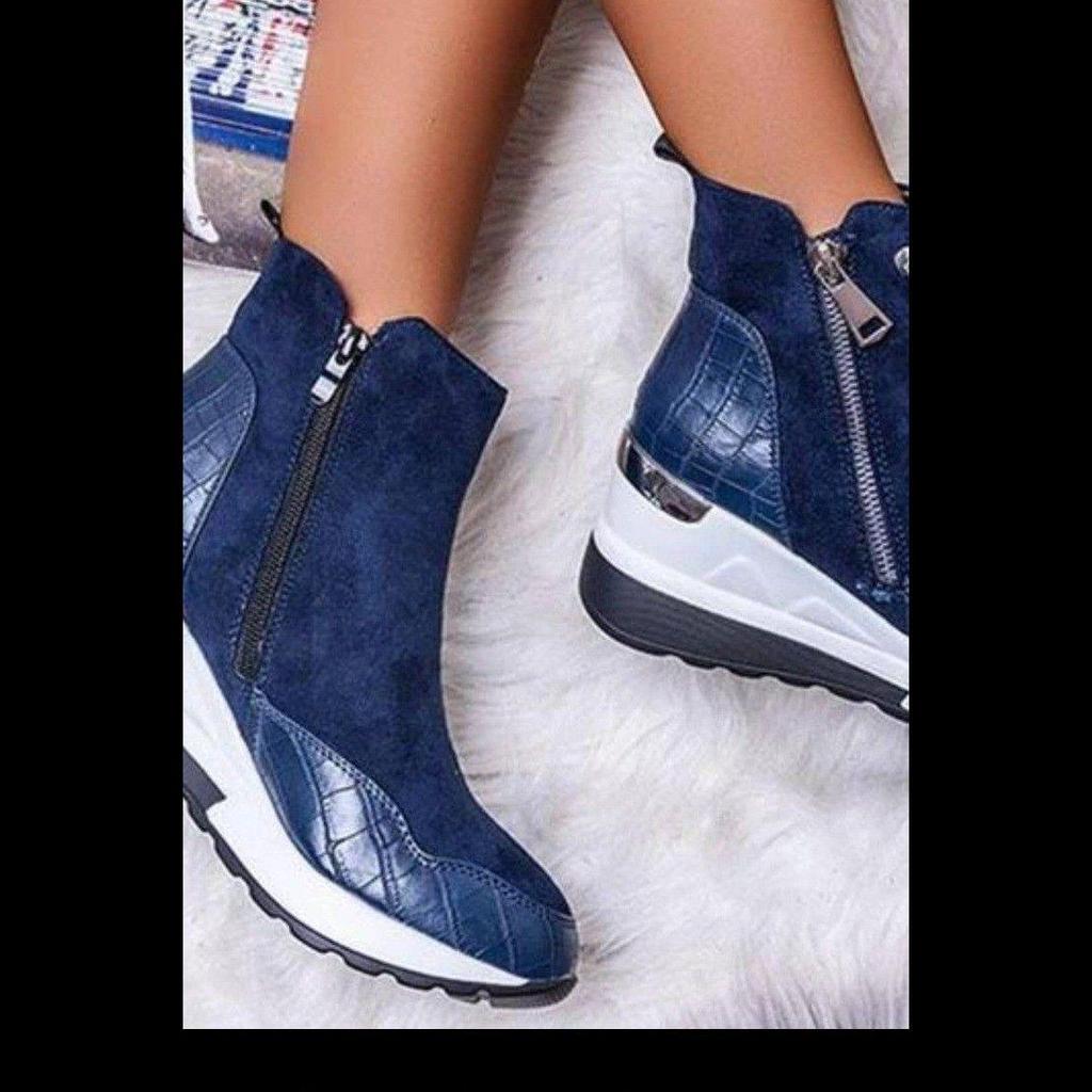 Brown Women's Wedge Heel Winter Boots with Thick Soles and Side Zipper