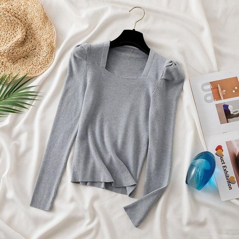 Elegant Square Neck Autumn Sweater Women 2023 Puff Long Sleeve Knitted Pullovers Casual Jumper Fashion Solid Knitwear Women Short Tops 22925