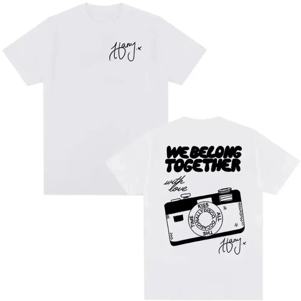 

Oversized White Cotton Casual Streetwear T-Shirt Featuring Harry Styles’ Signature, We Belong Together Quote and Camera Graphic Print with Lyrics 4XL