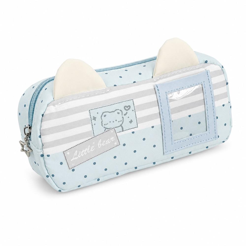 Bear Print Pencil Case Multi-Layer Pencil Pouch Cute Stationery Organizer School Supplies Blue Bear