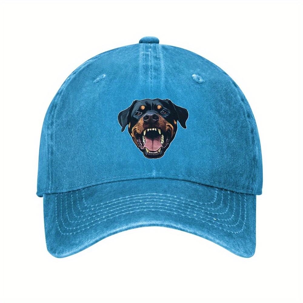 1pc Rottweiler Dog Head Baseball Cap - Fierce Open-Mouth Graphic, 100% Denim, Adjustable Vintage Washed