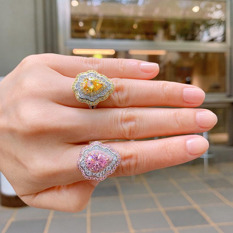 New Pink Ring With Micro Inlaid Pear Shaped Colored Jewelry Retro Exaggerated Zircon Female