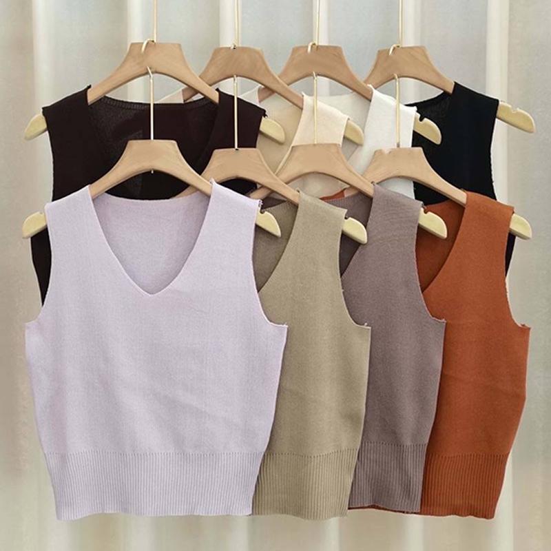 French Solid Color V-Neck Sleeveless Simple Casual Knitted Vest For Women