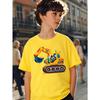 T-shirt da bambino con stampa di escavatore colorato a cartoni animati, girocollo, manica corta