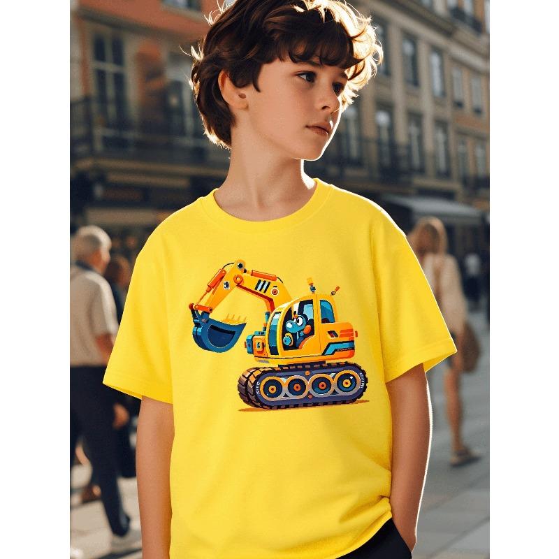 T-shirt da bambino con stampa di escavatore colorato a cartoni animati, girocollo, manica corta
