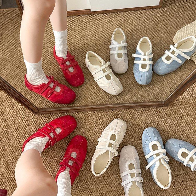 Soft Leather Version~ Velcro Casual Mary Jane Women's Shoes Versatile French Ballet Style Single Shoes Round Head Sports Flats