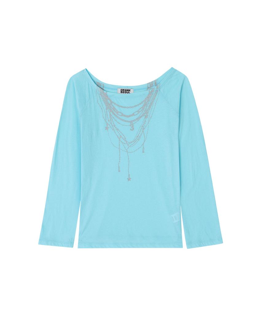 CRANK Sheer Necklace Off-Shoulder Top_Aqua Blue