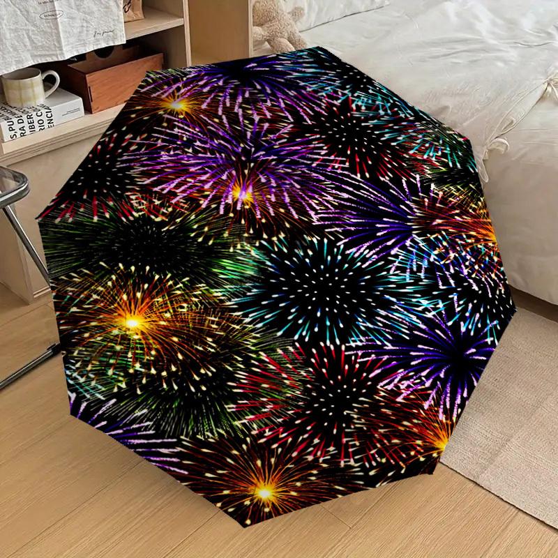 1PC Fireworks Pattern Automatic Open/Close Umbrella with Windproof, 8-Rib Sturdy Canopy, Durable Ribs, Fashionable Design, Outdoor Accessory, Fun Prin