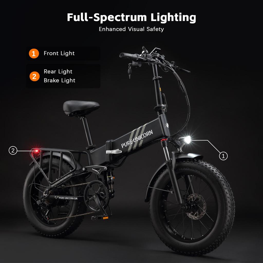 PURE UNICORN U4 Folding Electric Bike 1000W Motor 48V 15Ah Battery 20*4 inch Fat Tires 48km/h Max Speed 60km Range Shimano 7-speed
