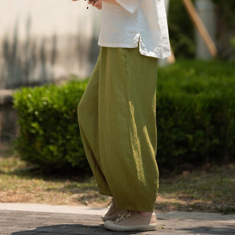 Johnature Vintage Women Bloomers Pants Solid Color Autumn Loose Trousers Elastic Waist Soft Female Ankle-length Pants