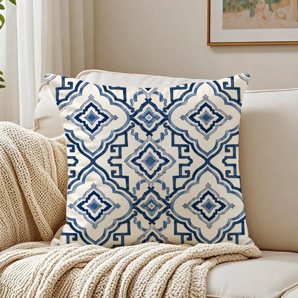 Blue Geometric Print Pillow Case Breathable Organic Short Plush Cushion Covers Machine Washable Wrinkle-Resistant Soft Durable