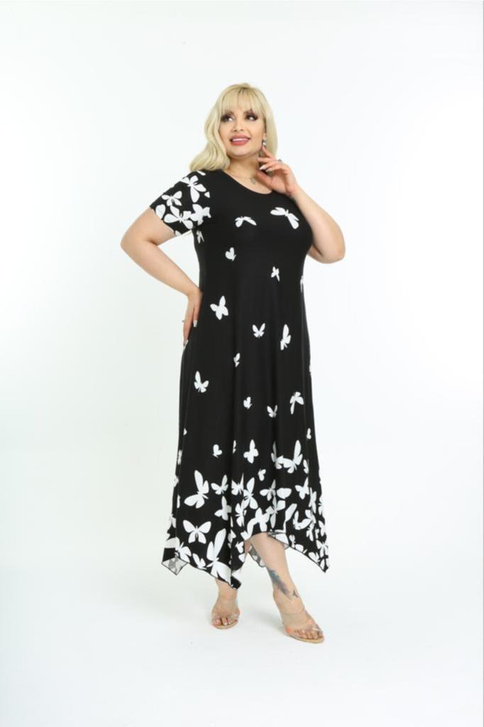 Damen Übergröße Kleid Asymmetrischer Schnitt Schmetterlingsmuster Kurzarm Plus Size Kleid