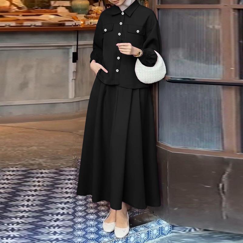 ZANZEA Women Long Sleeve Blouse and Skirts Muslim Casual Two Piece Suit Sets