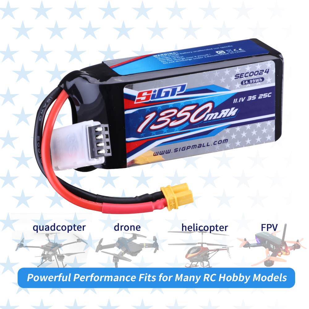 SIGP 11.1V 3S LiPo 1350mAh 25C RC Soft Pack with XT30 Plug for RC Airplanes, Quadcopter, Helicopter Drones, FPV Racing, and Hobbies (2-Pack)