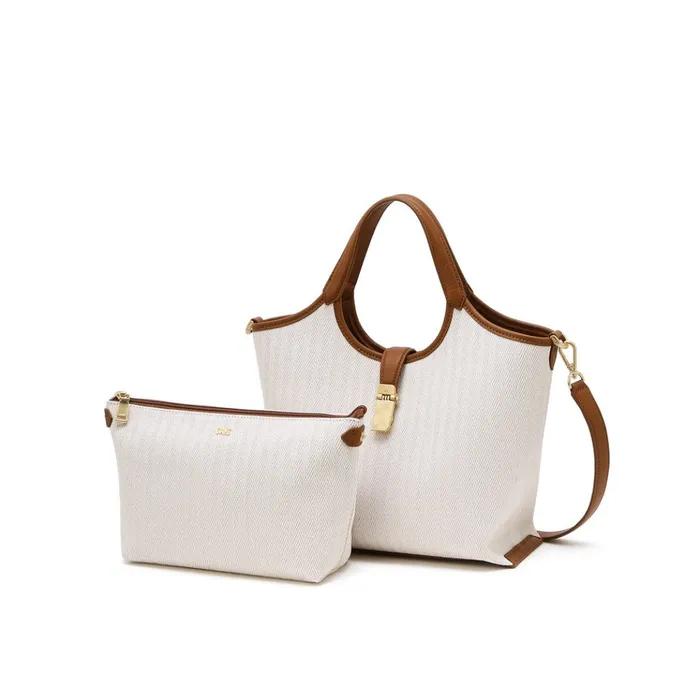 [CLA] Ivory Cowhide Color Block Canvas Tote Bag M DCBA6E192IV