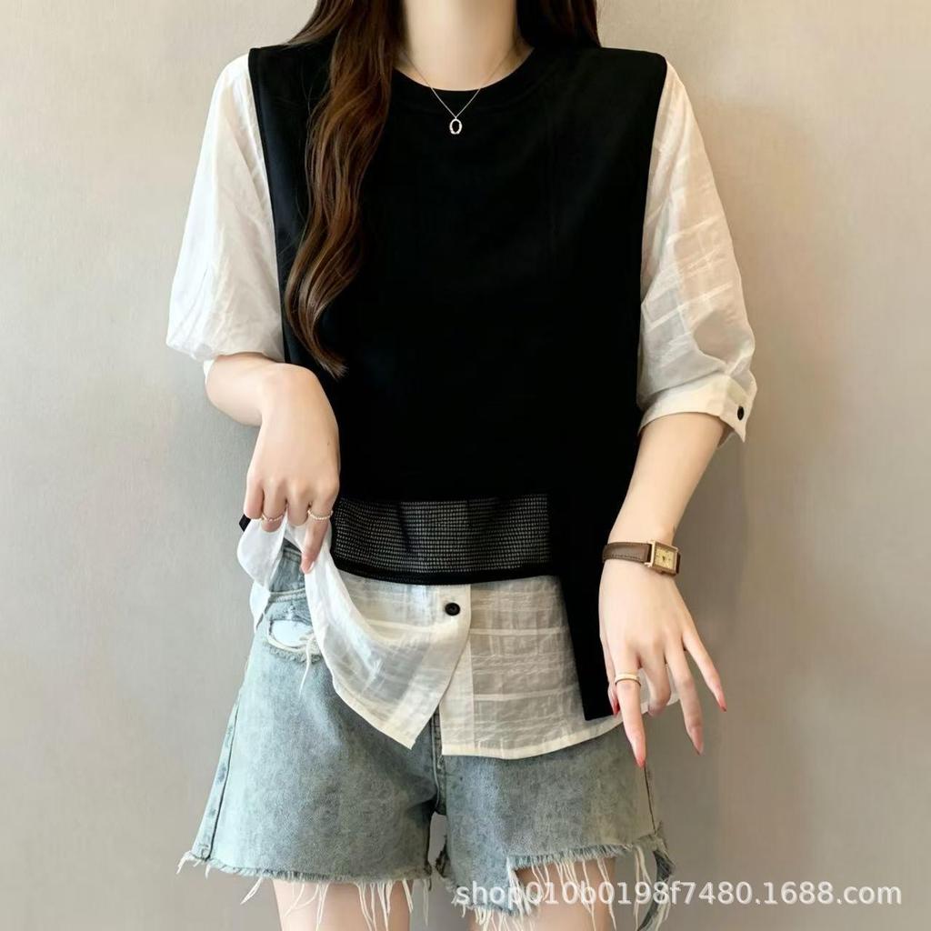 Summer new French fake two-piece vest splicing short-sleeved shirt women's loose and thin versatile top 1871 foreign style