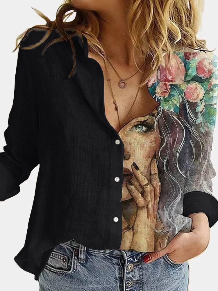 Fashion Stitching Retro Face Print Long Sleeve Blouse Women Lapel Button Casual Top Lady Shirts