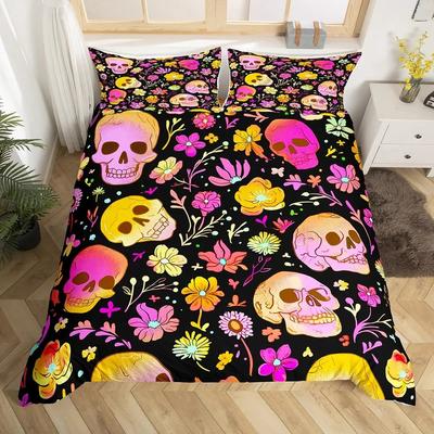 Zuckerschädel Bettbezug Buntes Vintage Blumenmuster Bettwäsche-Set Hippie Mexiko Stil Deckenbezug Gotisch Skelett Steppdeckenbezug