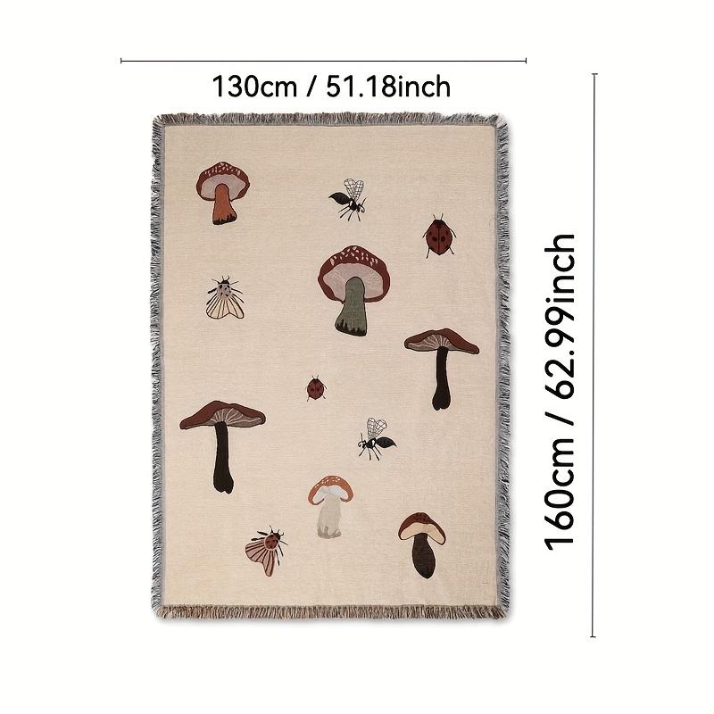 Bohemian Mushroom Tapestry Blanket Vintage Floral Design with Fringed Edges, Neutral Beige Background, All Season Cozy Throw for Bed or Sofa, Bohemian