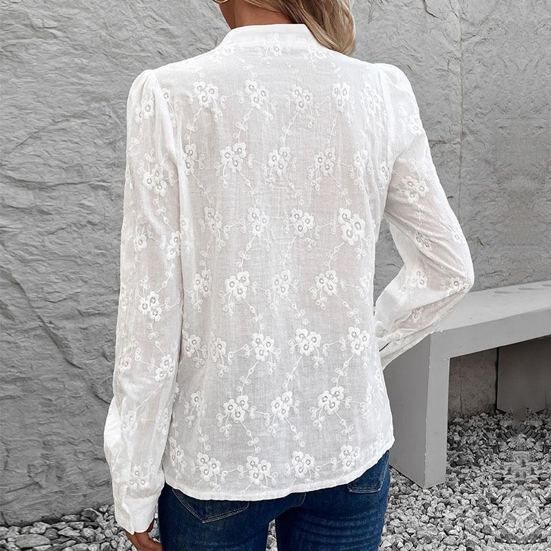 Long-sleeved Blouse for Women, New Style, Cardigan Shirt, Suitable for Office Wear, Open-weave Lace Jacquard Shirt