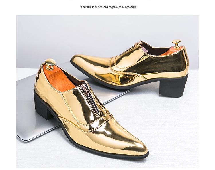 Men's Cross-Border Shiny Leather Dress Shoes - Pointed, Chunky Heel, Height Increasing, Zippered for Spring & Autumn