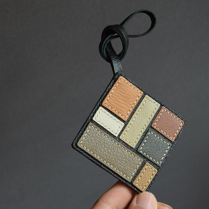 Mondrian Style Leather Handmade Bag Pendant Simple Personality Niche Art Women's Keychain