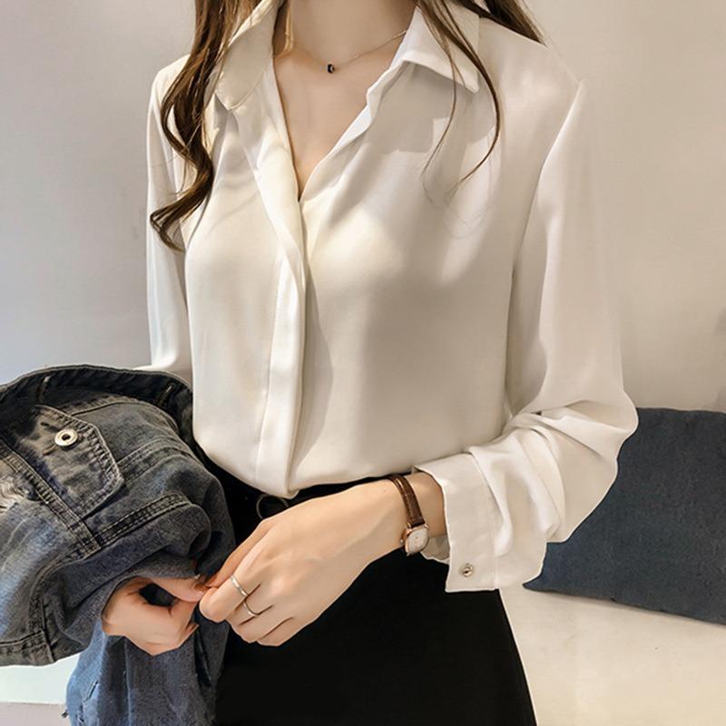 Damen Bluse aus staubigem Blauem Chiffon Langarm Hemdkragen Elegant Lässig Büro Oberteil Für den Täglichen Gebrauch