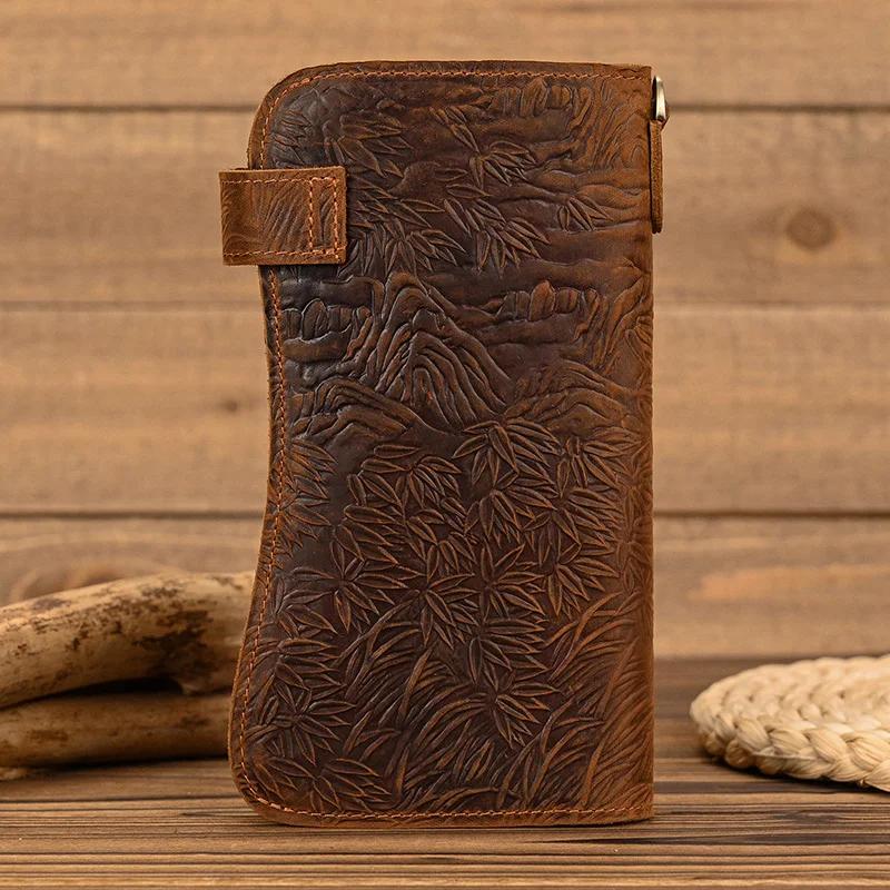 Men's Genuine Leather Wallet Chain Snap Bifold Purse Crazy Horse Leather Card Case Phone Card Holder Clutch Dragon Wallet