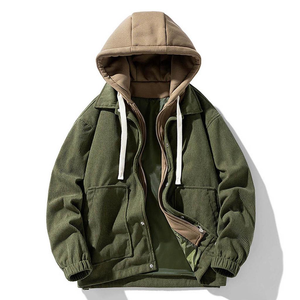 Mens Hooded Corduroy Work Coat Male Fashion Causul Fales Two Piece Autumn And Winter Long Sleeved Outwear Outdoor Hiking Jacket Mens