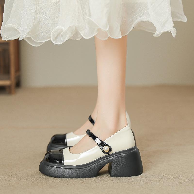 French High-Heeled Mary Jane Small Leather Shoes Women'S Spring And Summer Platform Fashion Versatile Pearl One-Button Single Shoes