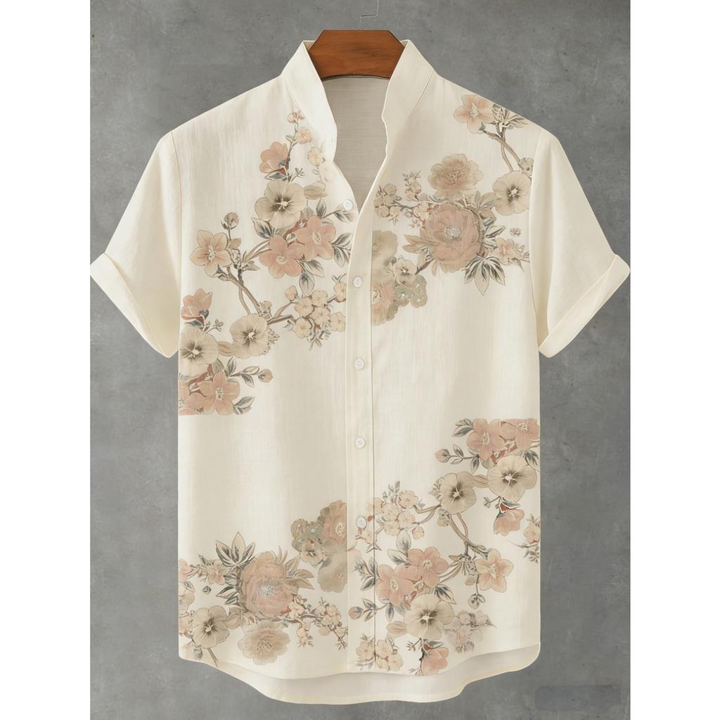 Men's Summer Retro Linen Short Sleeve Shirt HD Natural Floral 3D Printed Shirt Hawaiian Vacation Outdoor Fishing Clothes for Men