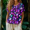 Women's Casual Henley Neck Button Front Shirt Halloween Pumpkin Print Short Sleeve Blouse Lightweight Loose Fit Top