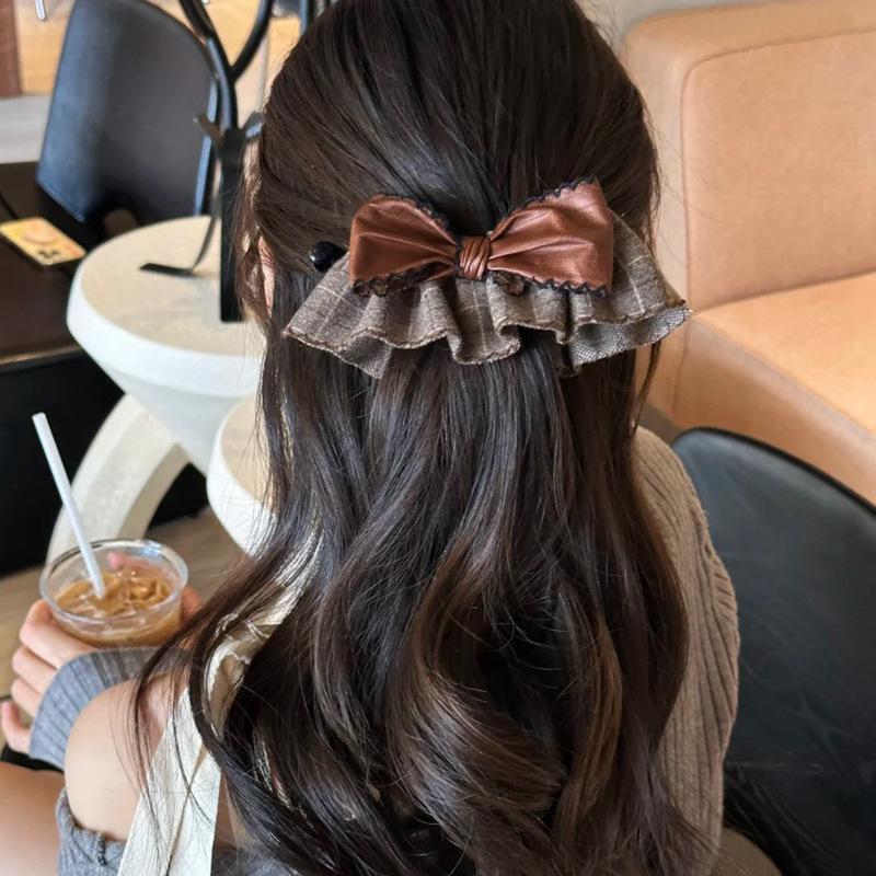 Vintage Plaid Bow Hair Claw Clips Women'S Trendy Hair Accessories Leather Bow Ruffle Design Grid Pattern Banana Clip Headdress
