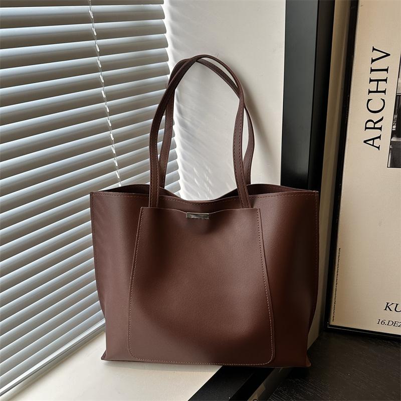

Retro Trendy Shoulder Bag Large Capacity Commuter Bag Solid Color Pu Leather Tote Bags Female Casual Handbag For Women Gifts кавовий