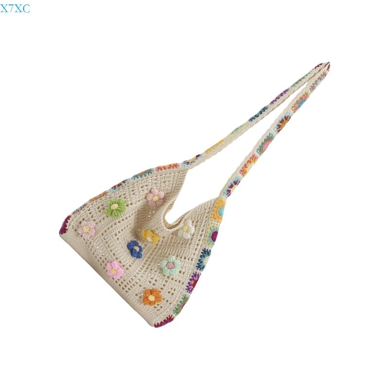 X7XC Women's Crochet Toted Bag Beach Bag Bohemian Shoulder Handbags Summer Vacation Crossbody Bag Portable Knit Hippies Bag
