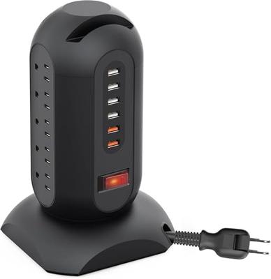 Novaoak Tower-Style Power Strip, 1500W, 3-Tier Vertical Outlets, 15 AC Outlets + 6 USB Ports, Retractable 3M Power Cord, Smartphone Holder, Grounding