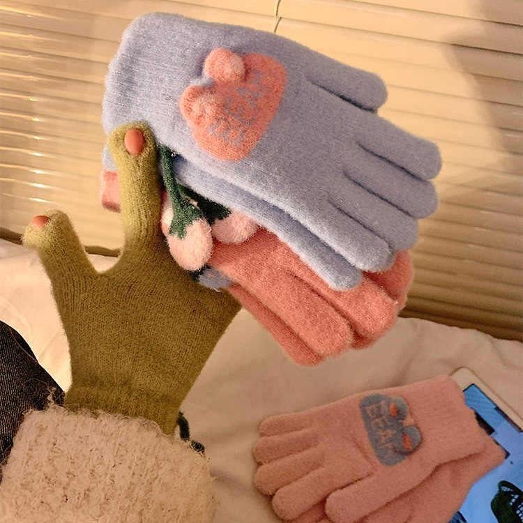 Five finger Gloves for Women In Autumn and Winter Knitted Thickened Velvet Warm Split Finger Cycling and Cold Protection New Style