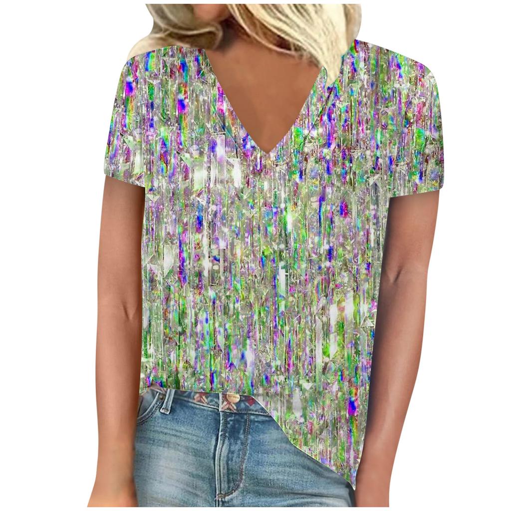 Summer V-neck 3D Stripe Printed Top Fashionable Casual Short Sleeved Women's T-shirts